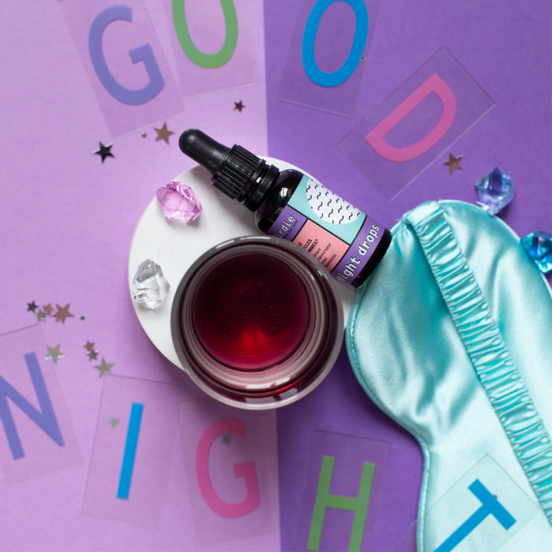 Night Drops elixir staged with an infusion and night mask